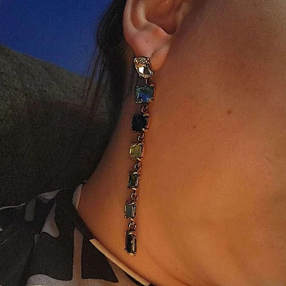 Antique Gold Emerald Cut Crystal Opal Sapphire Aquamarine Tassel Drop Earrings - Picture 6 of 12